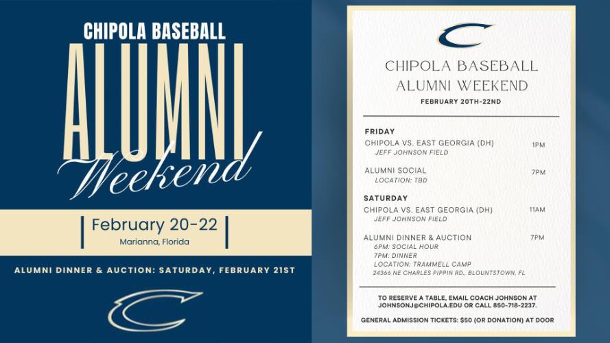Chipola Baseball Alumni Weekend is Feb. 20-22 in Marianna FL. Aluni Dinner and Suction Saturday Feb. 21 General Admission is $50 or Donation at the Door